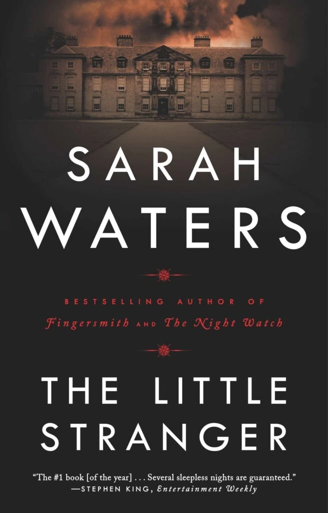 Front cover of the novel The Little Stranger by Sarah Waters. Large English manor house, dark clouds.