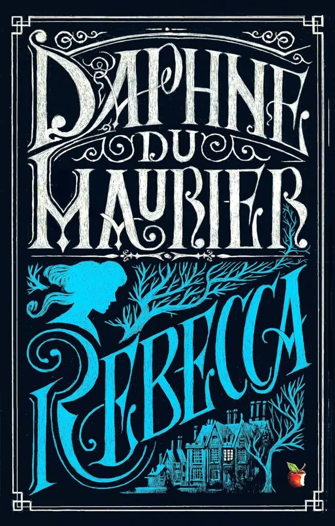 Cover of the novel Rebecca by Daphne du Maurier. Blue and white text. A woman's profile, tree branches, and a manor house.